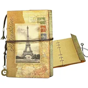 FunBlast Retro Vintage Leather Writing Journal Notebook, European Style Spiral Bound Loose-leaf Refillable Daily Sketchbook Diary Traveler with Blank Inserts and Zipper Pocket, L 18.5 x W 13.0 CM (Paris)