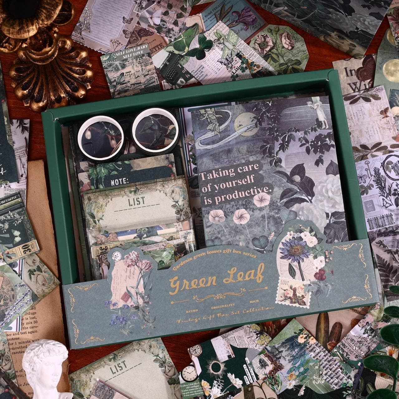 ONCE AND AGAIN Green Leaf Theme Scrapbook Kit | Portable Aesthetic Scrapbooking Supplies Set with Stickers, Papers & Decorative DIY Journal